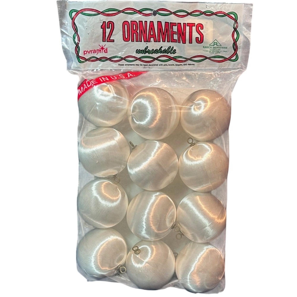 Vintage Pyramid Rauch White Satin Ball Christmas Ornaments 12 Pack Unbreakable